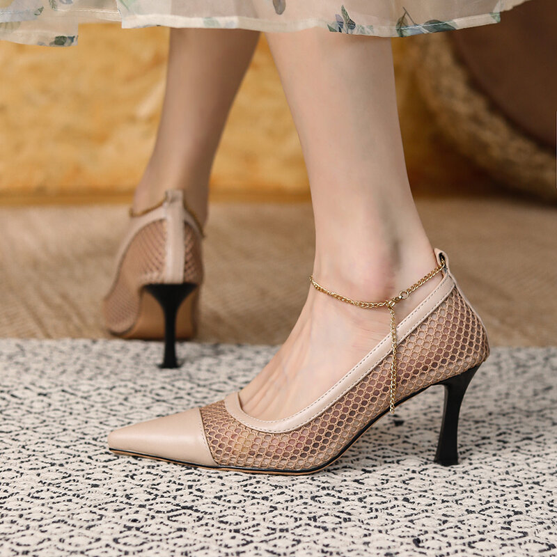 Zapatos de tacón alto con cadena para mujer, sandalias sexys de malla con punta puntiaguda, de 8CM stilettos, calzado de fiesta