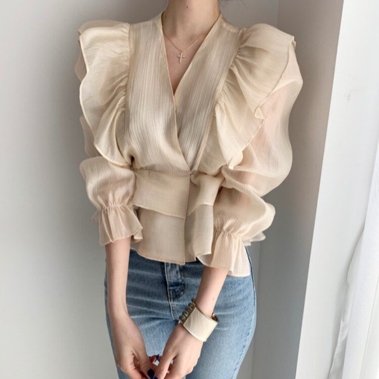 EasyGarment Frühling Neue Mode Laterne Hülse Chiffon Hemd frauen Lose Fee Bluse Koreanische Stil Japanischen Hemd Bluse Frauen