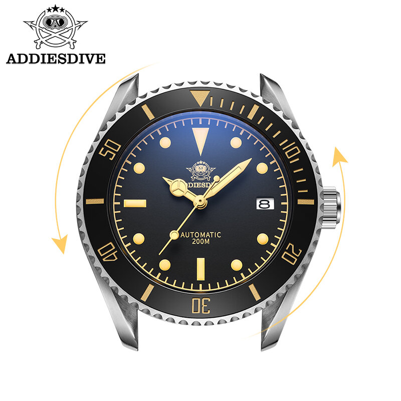 Addies Dive-신상품 남성 레트로 시계, AD2101 브라운 가죽 스트랩 스테인레스 스틸 시계, 야광 다이얼 NH35 200m 다이빙 시계