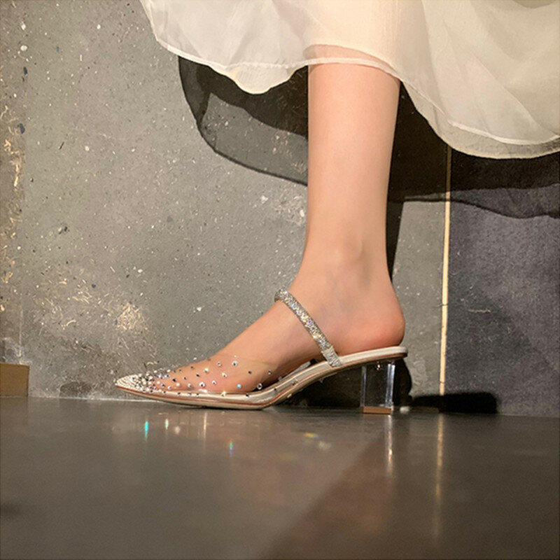 Kmeioo verão nova marca sexy sapatos mulher transparente mule sandálias jóias estilingue bombas de saltos grossos vestido sapatos