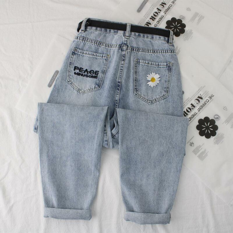 Daisy Embroidery Denim Jean Women High Waist Jeans Plus Size Denim Harem Trousers Mujer Vintage Casual Jeans Straight Women Pant