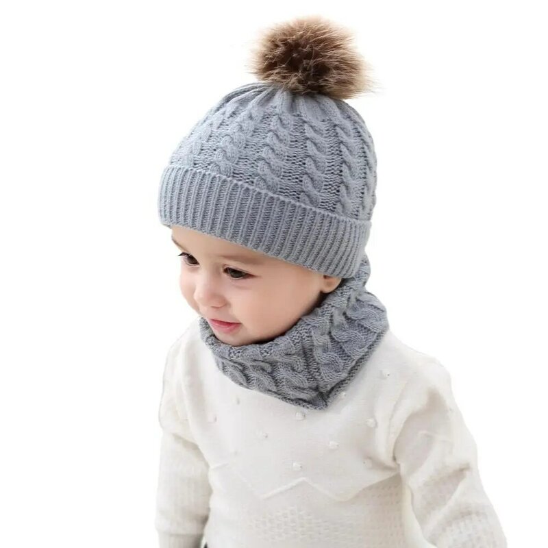 Crianças inverno de malha de lã grossa quente cachecol chapéu do bebê meninas meninos moda sólida malha hairball conjunto crianças pescoço colarinho cachecóis