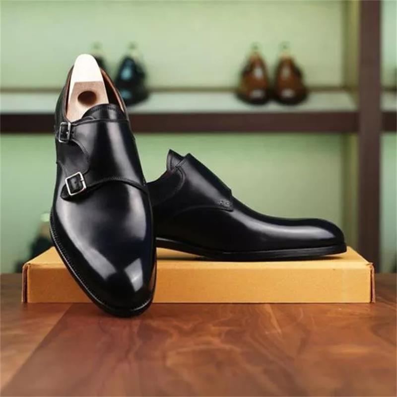 ใหม่แฟชั่นผู้ชายชุดลำลองรองเท้า Handmade สีดำ PU ขัดรอบหัวหัวเข็มขัดคู่ Monk รองเท้า3KC568