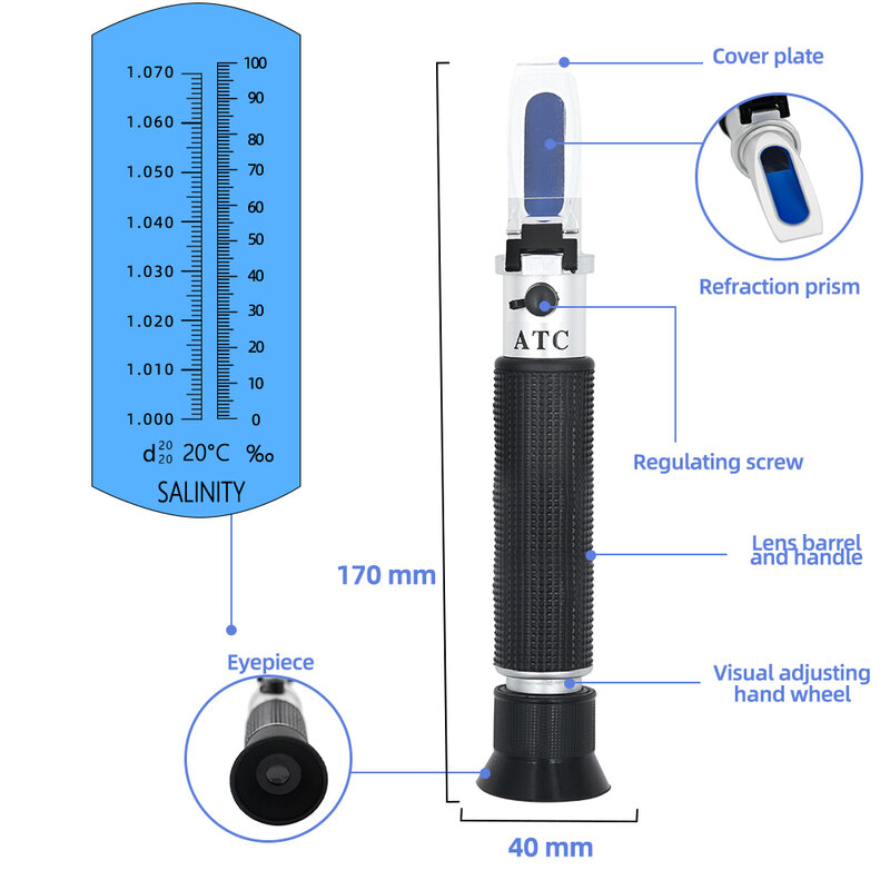 Handheld Zoutgehalte Refractometer Zee Zout Water Meterconcentration 1.000-1.070SG Aquarium Aquacultuur Fokken Gravimeter 0 ~ 100%