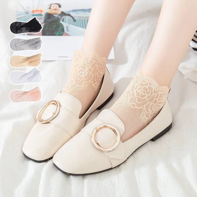 Women Silk Socks Fashion Embroidery Floral Ankle Sox Summer Thin Comfy Breathable Cotton Short Sox Female Lace Non-slip Socks