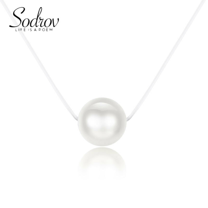 SODROV-collar de perlas de 10mm para mujer, de Plata de Ley 925, cadena de línea de pescado, collar de cadena de cristal Invisible
