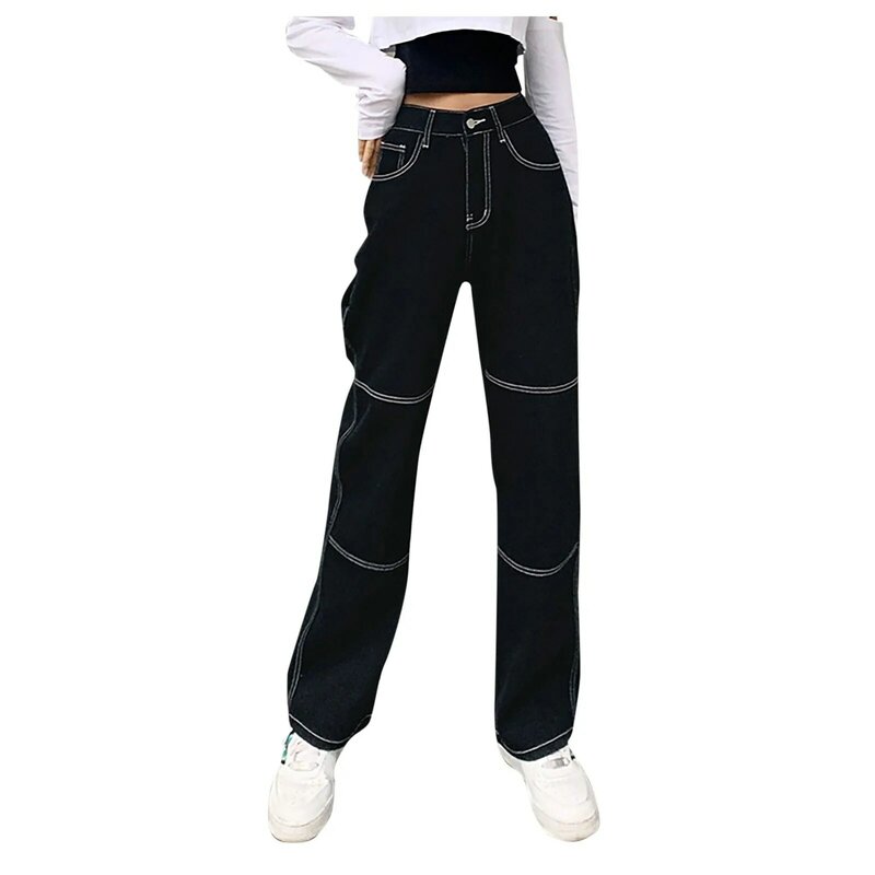 Calça jeans feminina de cintura alta folgada, peça longa para mulheres, estilo punk, outono 2021