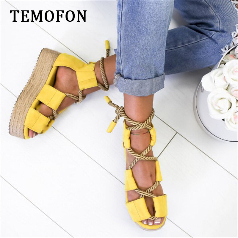 TEMOFON big size women sandals platform rope ladies beach shoes wedge shoes high heel gladiator Sandals Sandalia Feminina HVT797