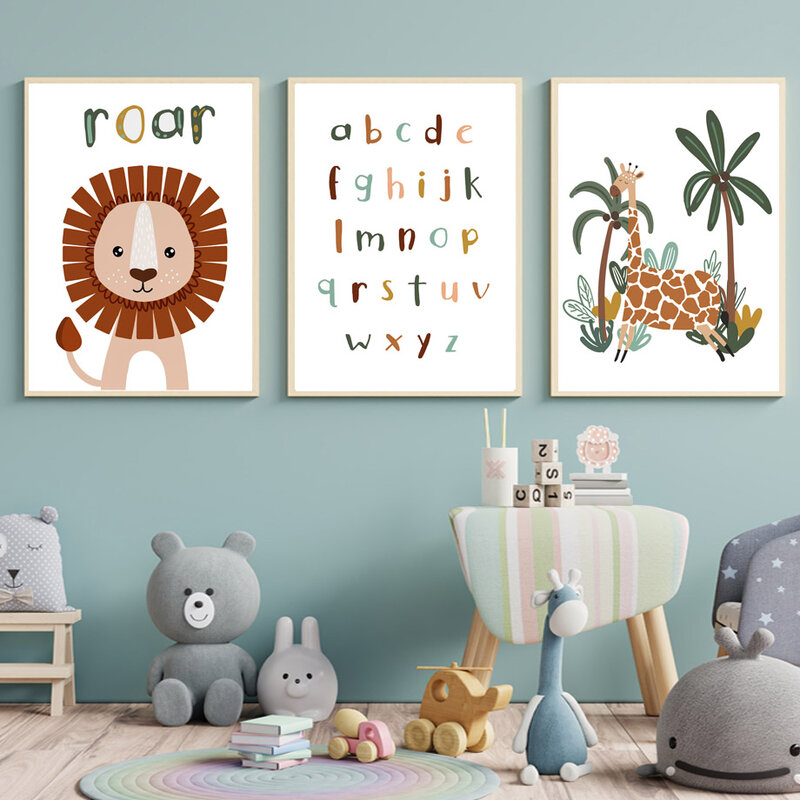 สิงโตยีราฟลิง ABC สัตว์ Nursery Wall Art ภาพวาดผ้าใบ Nordic โปสเตอร์และพิมพ์ภาพผนังเด็กตกแต่งห้อง