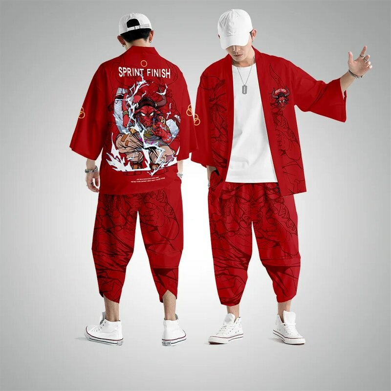 Men Fashion Red Print Yukata Cardigan Loose Blouse Haori Obi Asian Clothes Harajuku Japanese Cosplay Kimono And Pant Suit