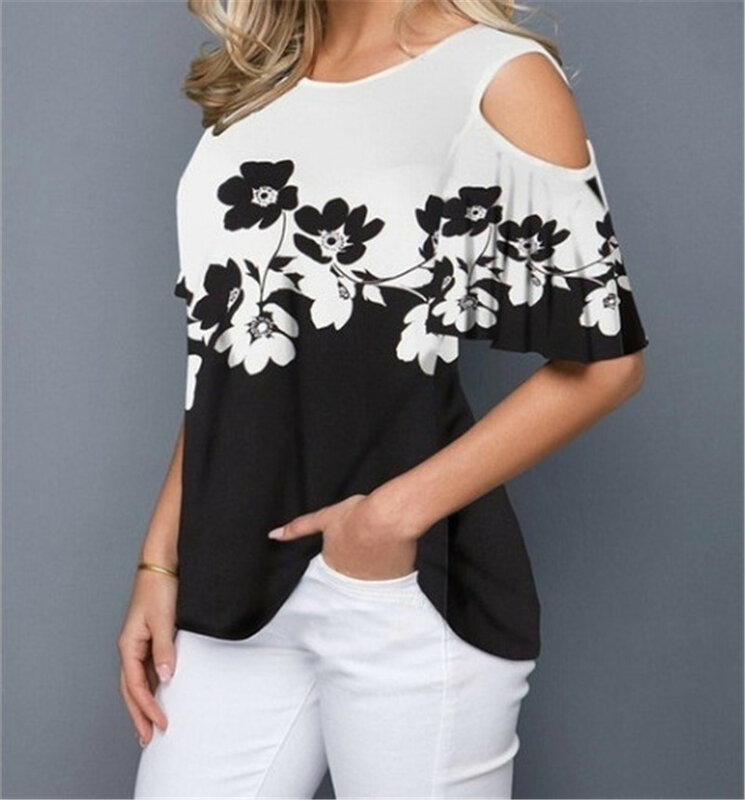 Camiseta Sexy con hombros descubiertos para mujer, de talla grande 5XL ropa holgada, camisetas con estampado Floral, Tops de talla grande para mujer 2020