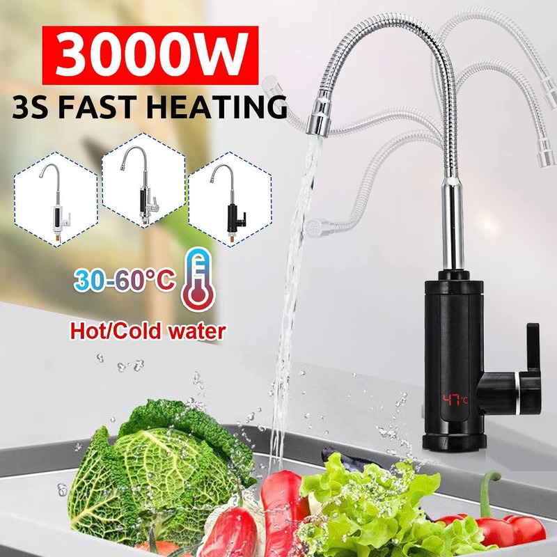 3000W 220V Electric Kitchen Water Heater Tap Instant Hot Water Faucet Heater Cold Heating Faucet Tankless Water Heater with LED