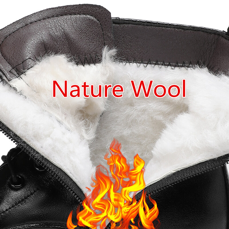 MORAZORA 크기 35-43 새로운 정품 가죽 부츠 여성 자연 양모 스노우 부츠 두꺼운 바닥 레이스 겨울 따뜻한 Chunky 발목 부츠