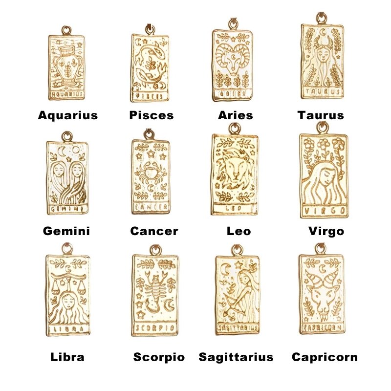 2021 New Vintage 12 Constellations Tarot Necklace Gold Stainless Steel Square Zodiac Sign Pendant Necklace for Women Jewelry