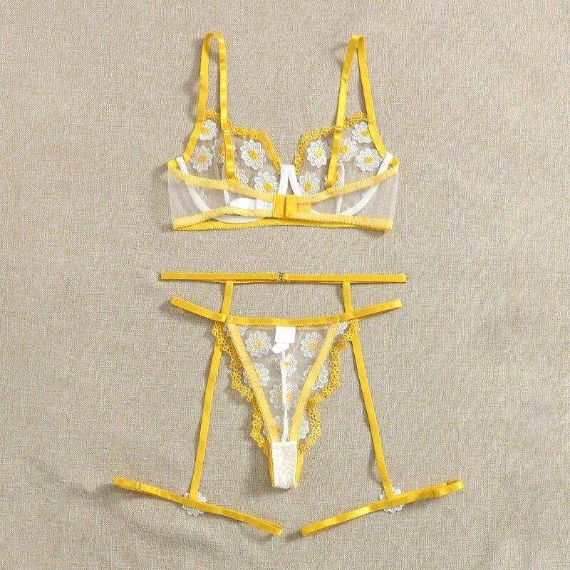Lingerie érotique en dentelle transparente pour femmes, soutien-gorge, string, jarretelles, ensemble de sous-vêtements, porno, broderie florale, vêtements de nuit