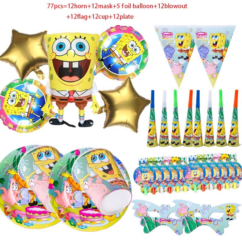Ballons décoratifs jetables à thème éponge, 77 pièces, décoration de fête d'anniversaire, tasse en papier, masque, fournitures de fête pour enfants