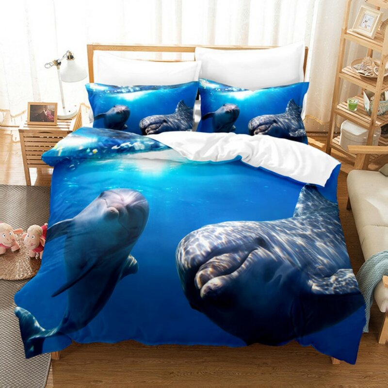 Juego de cama individual con estampado 3D de tiburón y Delfín, conjunto de cama doble, tamaño King y Queen, para dormitorio de chico y Niño, 15