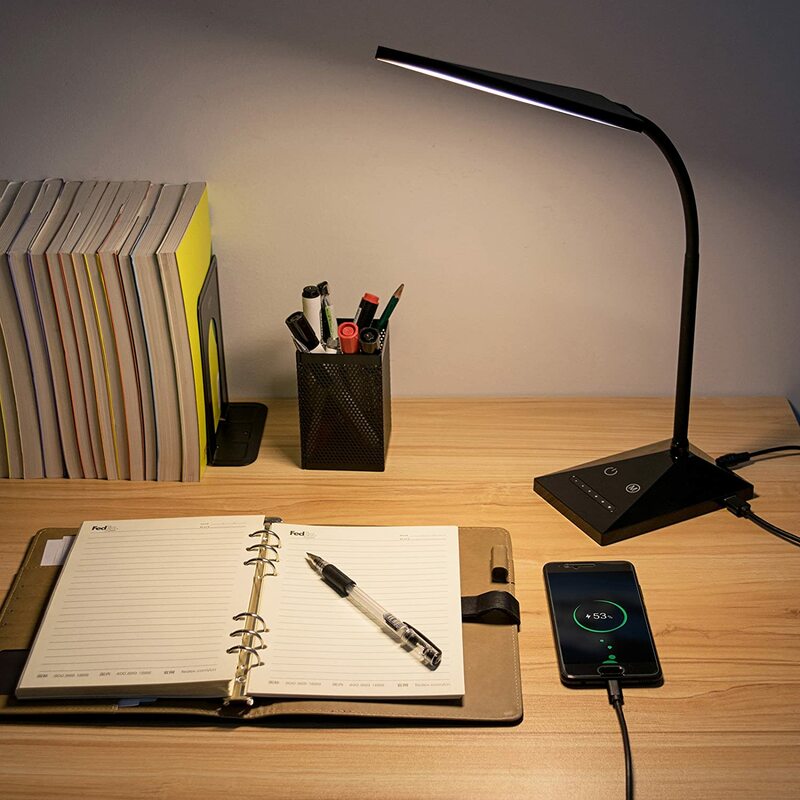 Lámpara LED de escritorio, lámpara de mesa con puerto de carga UBS, 5 modos de Color con 7 niveles de brillo, Control táctil, cuello de cisne Flexible, Memoria