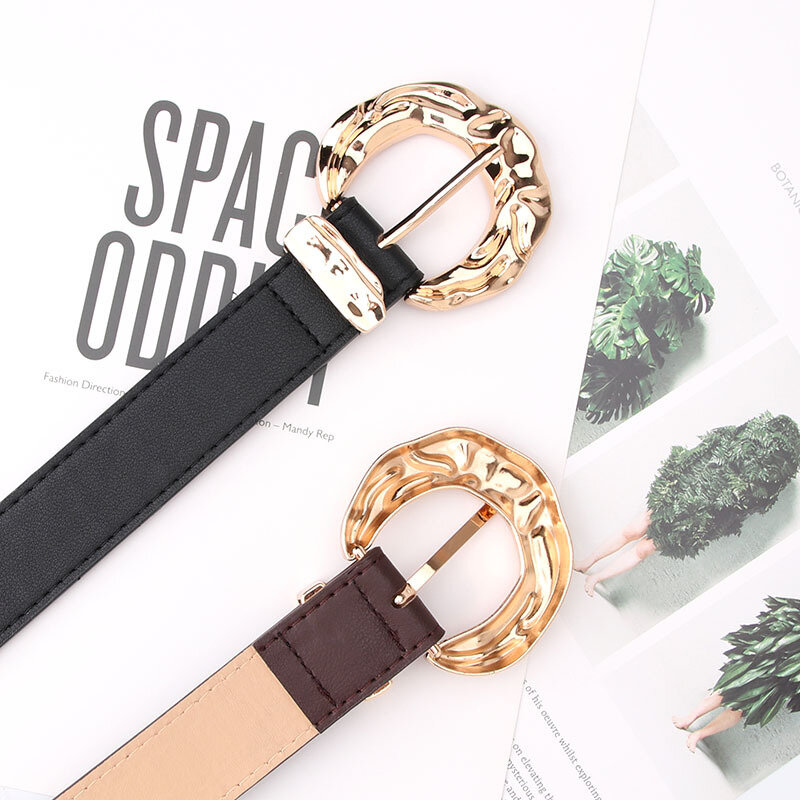 Women Fashion Big Ring Circle Metal Buckle Belt Wild Waistband Ladies Wide Leather Straps Belts for Leisure Dress Jeans