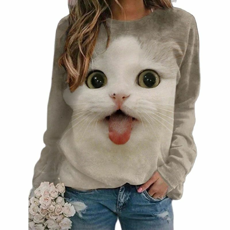 Женская футболка с длинным рукавом, повседневный винтажный пуловер оверсайз с круглым вырезом и 3D-принтом кота, весна-лето 2022
