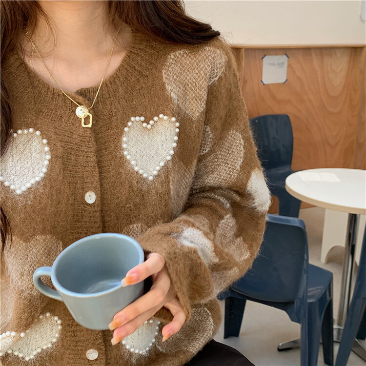 Women's Mohair Knitted Cardigan Gentle Heart Pearl Applique Sweet Sweater Coat Knitwear New Lady Winter Casual Streetwear