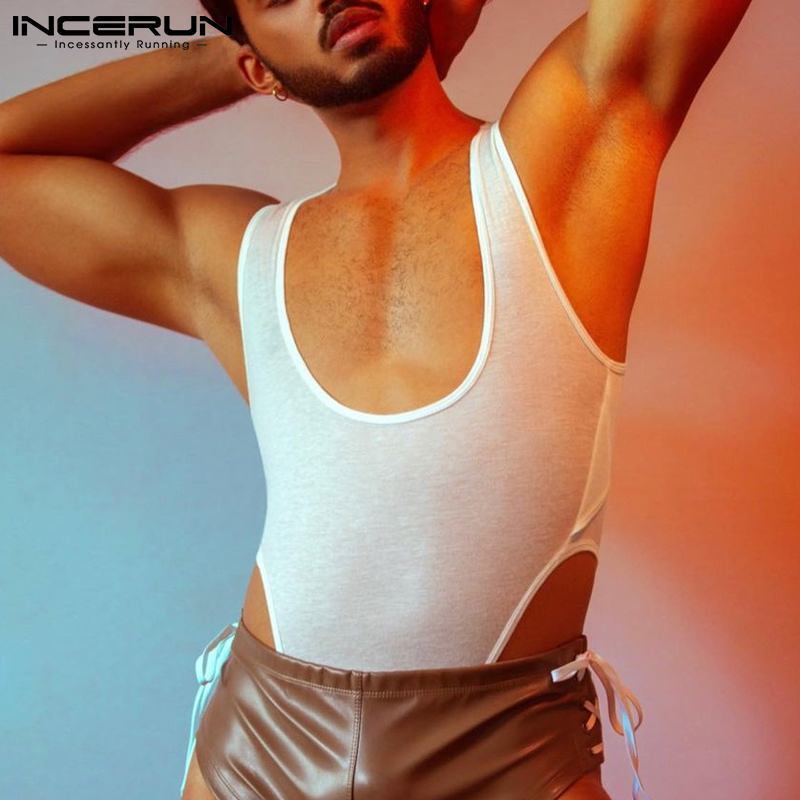 Men Bodysuits Sexy O-neck Sleeveless 2022 Solid Color Romper Underwear Pajamas Hollow Out Backless Skinny Men Bodysuit INCERUN