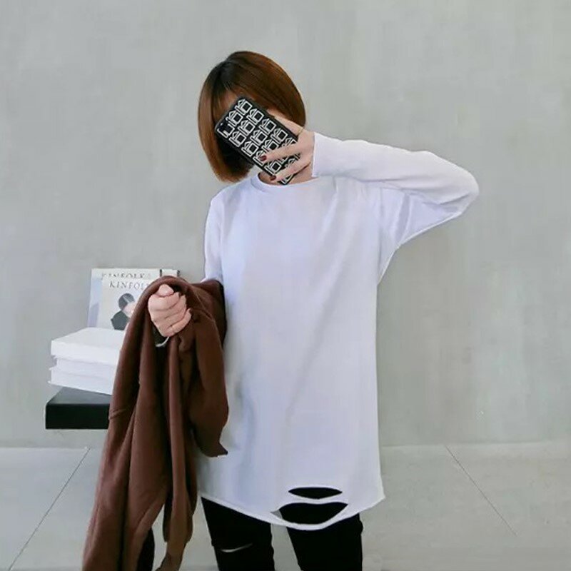 Kaus Dalaman Putih Selebriti Internet Baru Musim Semi dan Musim Gugur 2021 Pakaian Dalam Panjang Sedang Longgar Wanita Lengan Panjang Sobek