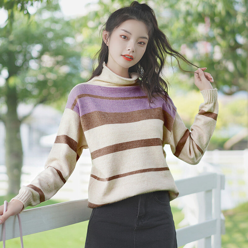 Женский свитер в полоску, Свободный пуловер цвета хаки с высоким воротником, Осень-зима 2020