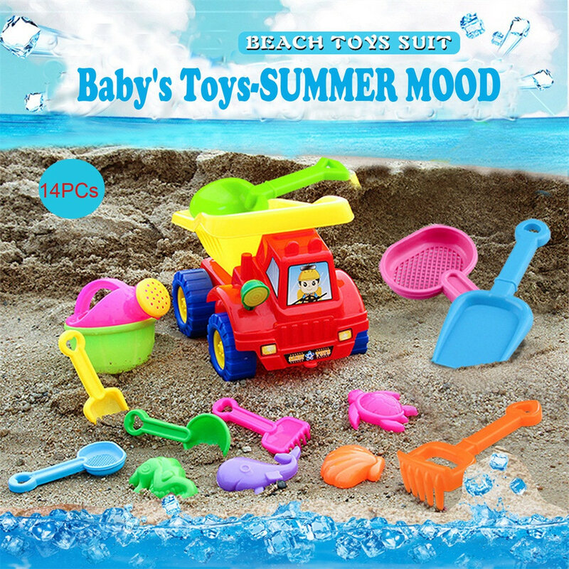 Novos brinquedos de praia playset deluxe para crianças-14 peças grande caminhão basculante areia pá conjunto joouets plage brinquedos educativos interativos