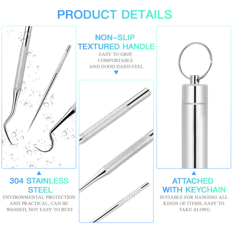 MILISTEN Kit de palillos de dientes de acero inoxidable, paquete de 3 herramientas de limpieza de dientes, el juego de acero inoxidable consiste en 1 palillo de dientes recto y 2 E