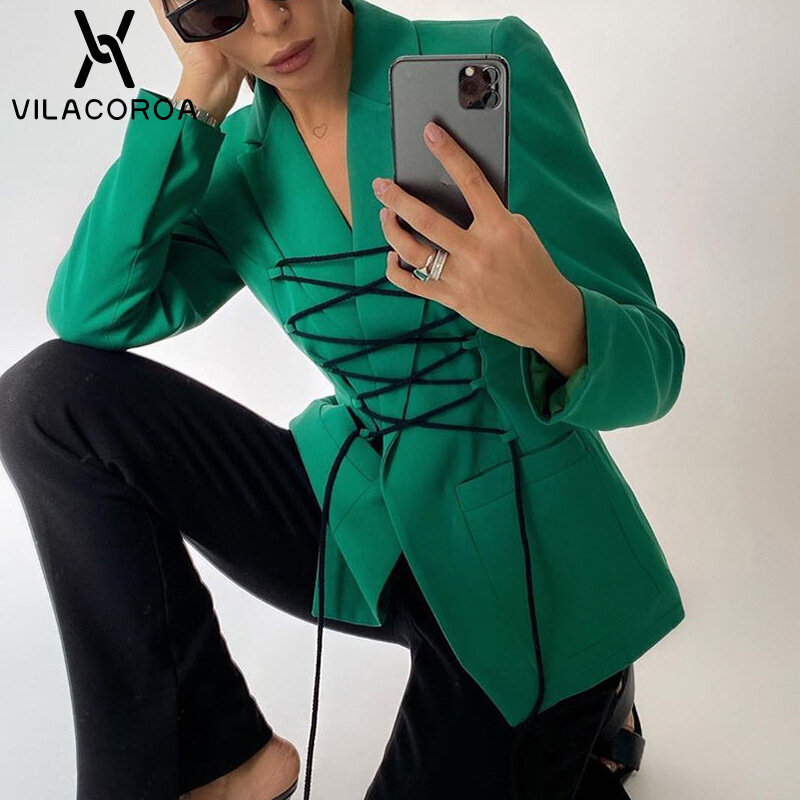 Autumn Long Sleeve Office Lady Casual Outerwear Cross Bandage Chic Streetwear Blazer Pocket Stitching Skinny Women Coats