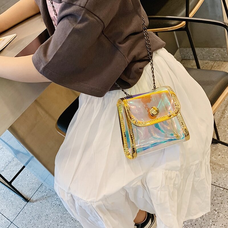 Bolsa transversal de ombro com corrente, bolsa carteiro, mini, transparente para crianças l41b