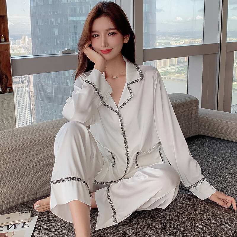 Wmyqdlq Pyjamas Spring And Autumn Ice Silk Pajamas Women Thin Fashion Long-Sleeved Trousers Two-Piece Suit Ladies Home Service