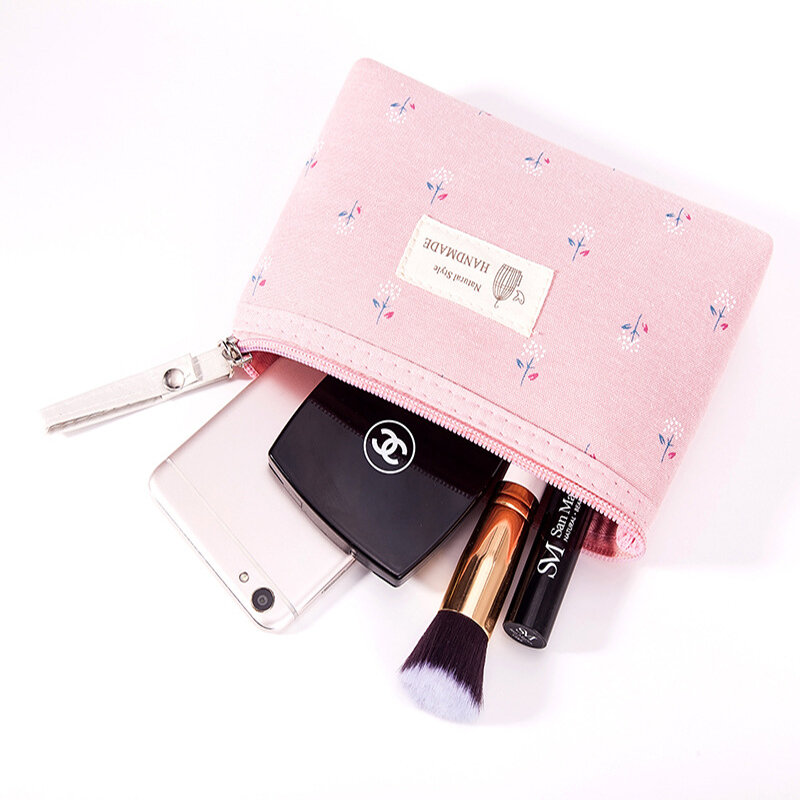 FUDEAM-Bolsa de maquillaje de lona con estampado de flores para mujer, bolsa organizadora de artículos de tocador, con cremallera, neceser de viaje, cosmética