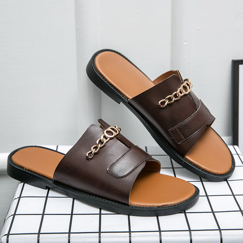 Homens sandálias de couro do plutônio do desenhador do verão dos chinelos da palma da forma marrom homens versátil fora zapatos para hombre ky177