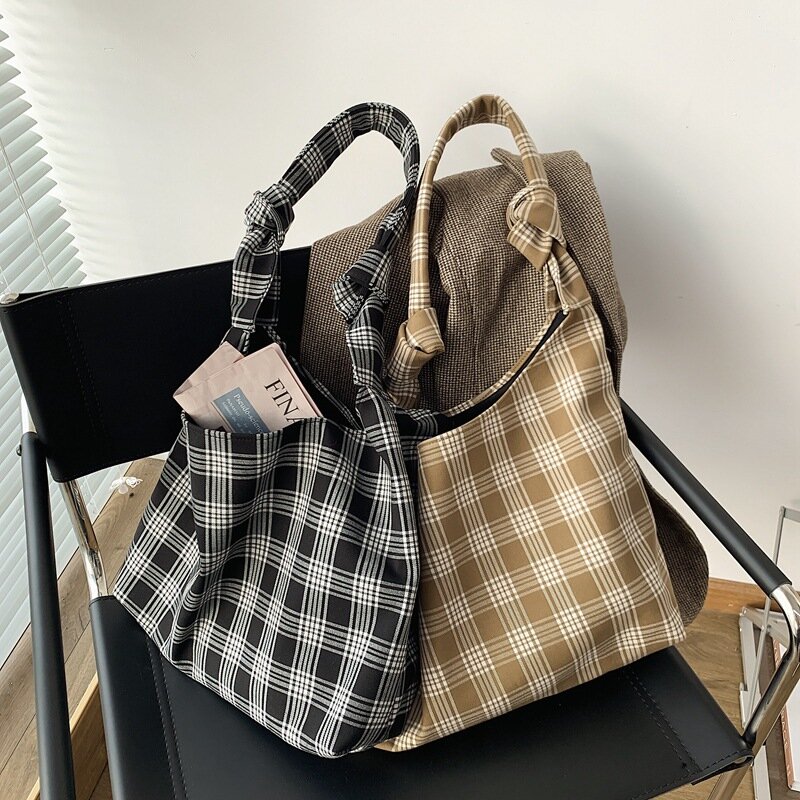 Feminino ombro balde saco ins retro xadrez impressão sacos de lona para woemn moda nó maior capacidade shopper sacola