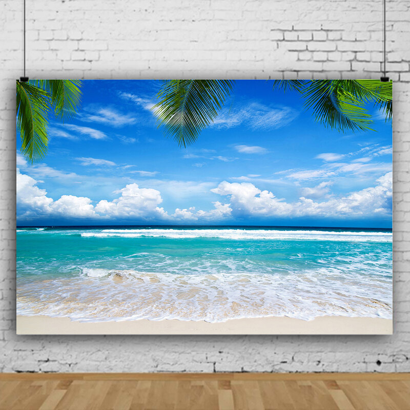 Виниловый фон для фотосъемки с изображением морского побережья и пальмы