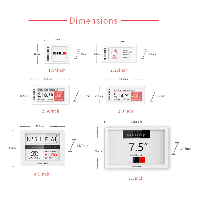 Gicisky 2.13 "2.66'' 2.9 ''4.2'' 7.5 ''Lite Serie Elektronische Plank Label Wit Digitale Prijskaartje epaper Prijs Display Card Esl