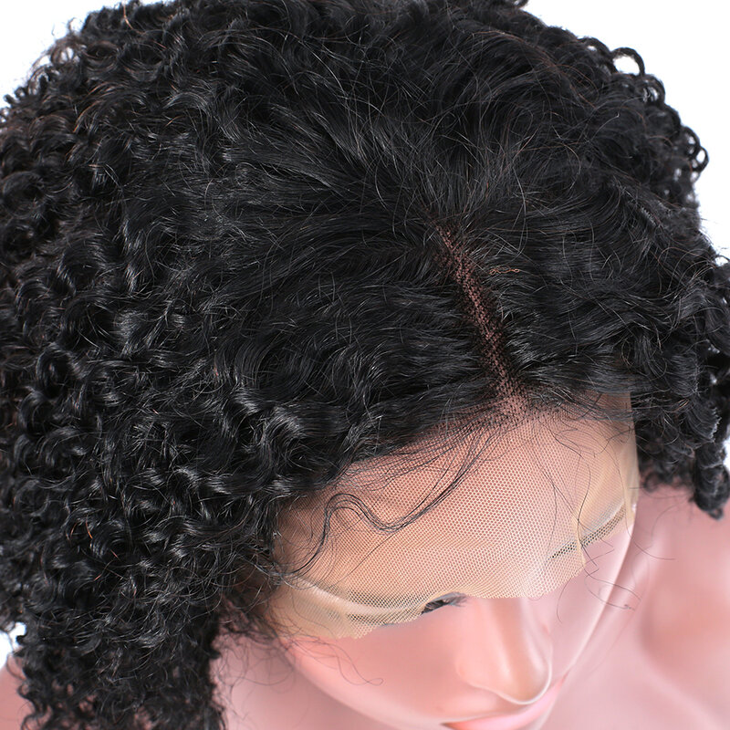 Parrucche frontali in pizzo sintetico riccio crespo corto da 14 pollici per donne con parrucche in fibra resistente al calore Glueless per capelli da bambino densità 180%