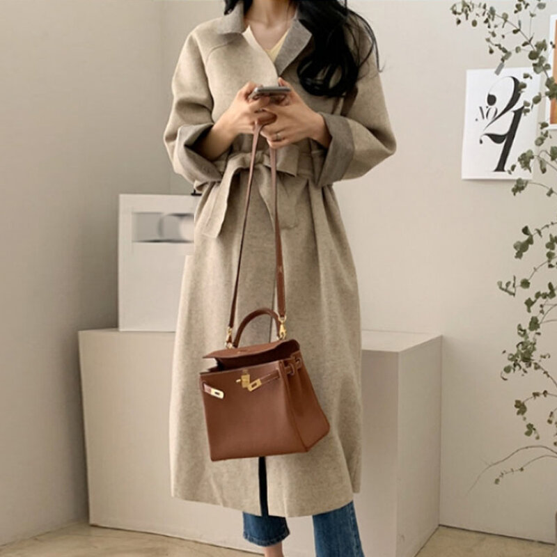 Abrigo de lana largo elegante para mujer, en la cintura con cordones gabardina de estilo coreano, abrigo informal de Color sólido con cuello vuelto, Invierno 2021