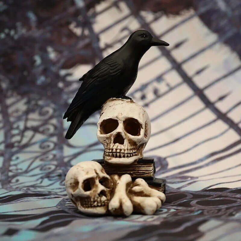 Raven On Skull Halloween Decoration Glowing Resin Skeleton Statue Creative Props For Home Garden Courtyard Garden Accessories