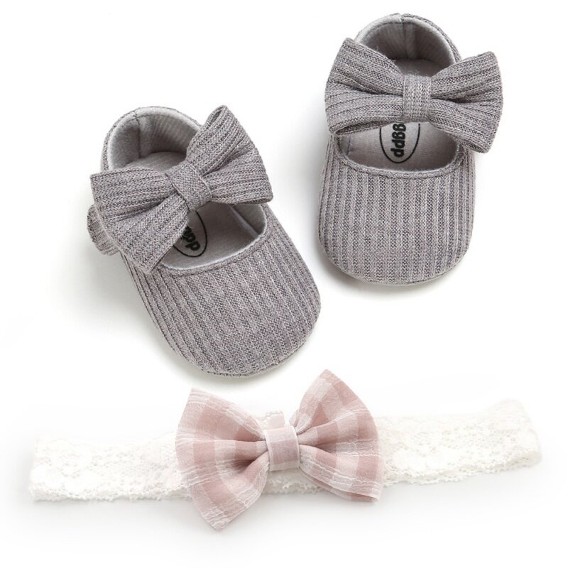 Jolies chaussures antidérapantes à semelle souple pour bébé fille, baskets de marche décontractées, chaudes, à nœud, avec bandeau, 2 ensembles, hiver et automne