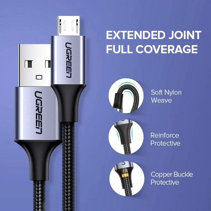 Ugreen-Cable Micro USB de carga rápida para teléfono móvil, Cable de datos de nailon 3A para Samsung, Xiaomi, HTC