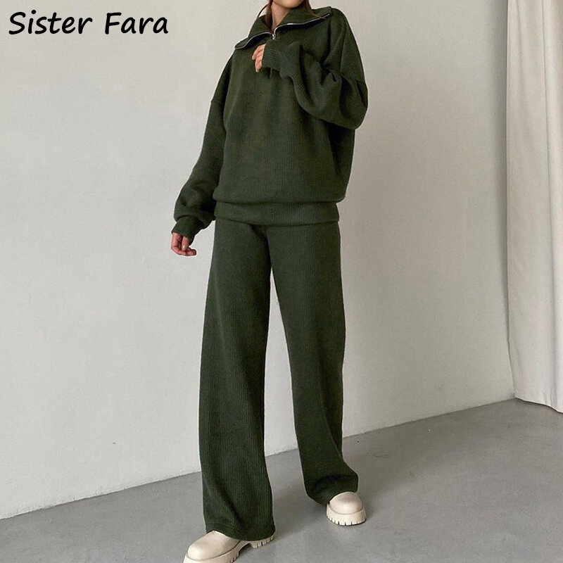 น้องสาว Fara ฤดูใบไม้ร่วงฤดูหนาวหญิงของแข็ง2ชิ้นชุด Lapel คอถักเสื้อ + สูงเอวหลวมกางเกงขากว้างผู้...