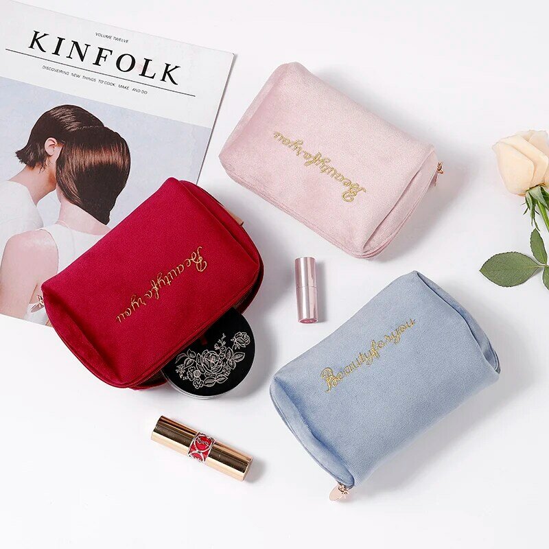 1 Pc Women Zipper Velvet Make Up Bag Travel Large Cosmetic Bag for Makeup Solid Color Female Make Up Pouch Necessaries