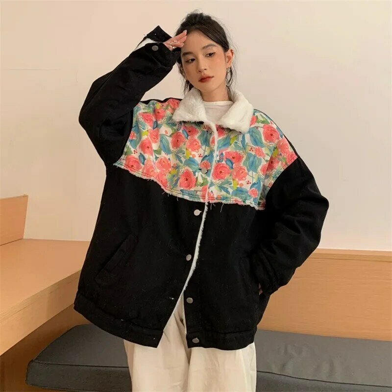Harajuku streetwear vintage floral splicing design manga completa único breasted casaco de pelúcia manter quente engrossar preto denim outerwea