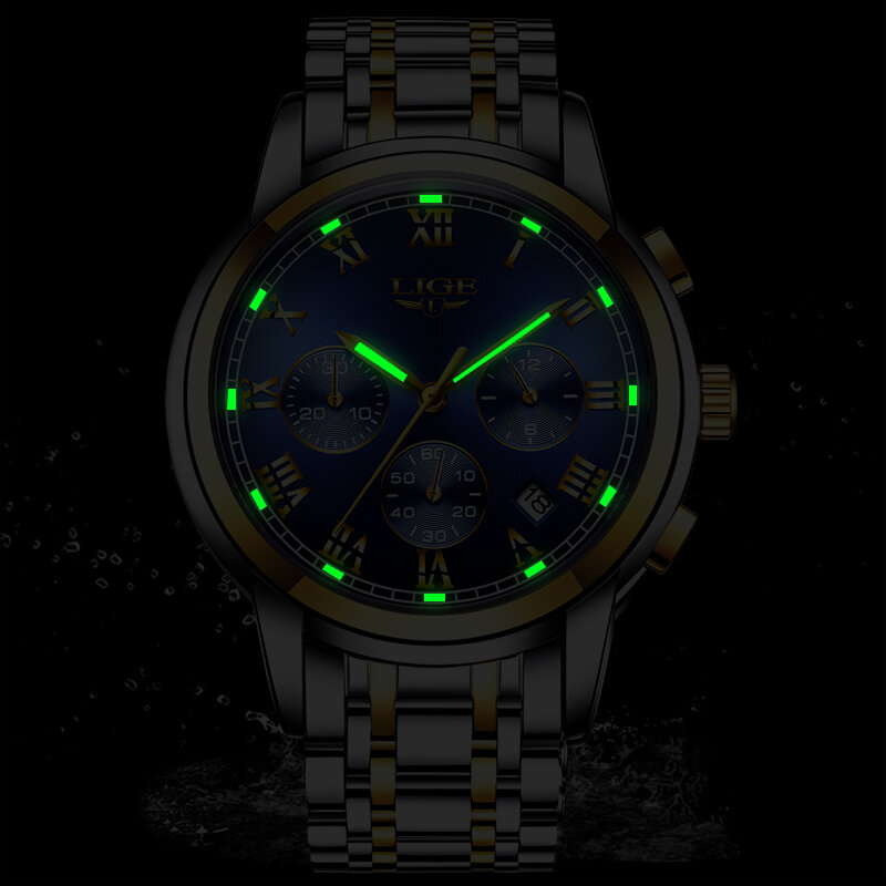 LIGE-럭셔리 크로노그래프 패션 시계 남성용, 비즈니스 방수 풀 스틸 쿼츠 시계 인기 브랜드