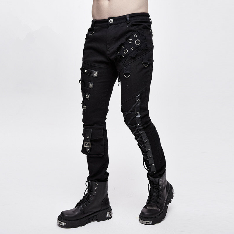 Calças masculinas punk steampunk, calças compridas pretas com rebites e fivelas de metal em tiras cruzadas para performance