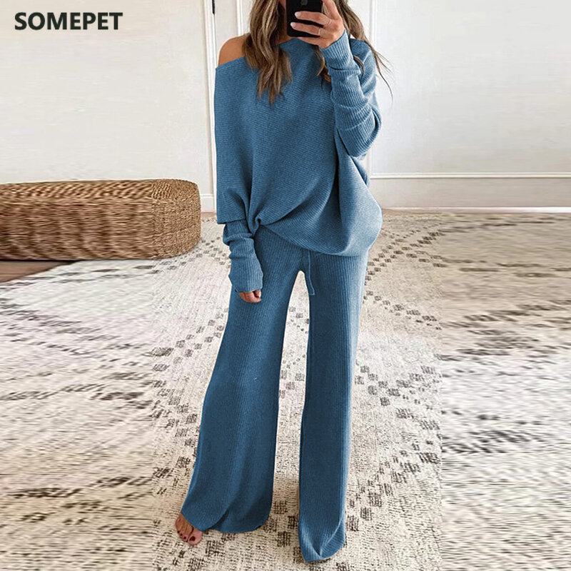 Women Elegant Solid O Neck 2-Piece Set Full Sleeve Pullover Tops And Wide Leg Pants Suit Two Piece Set Women Party Spring Autumn