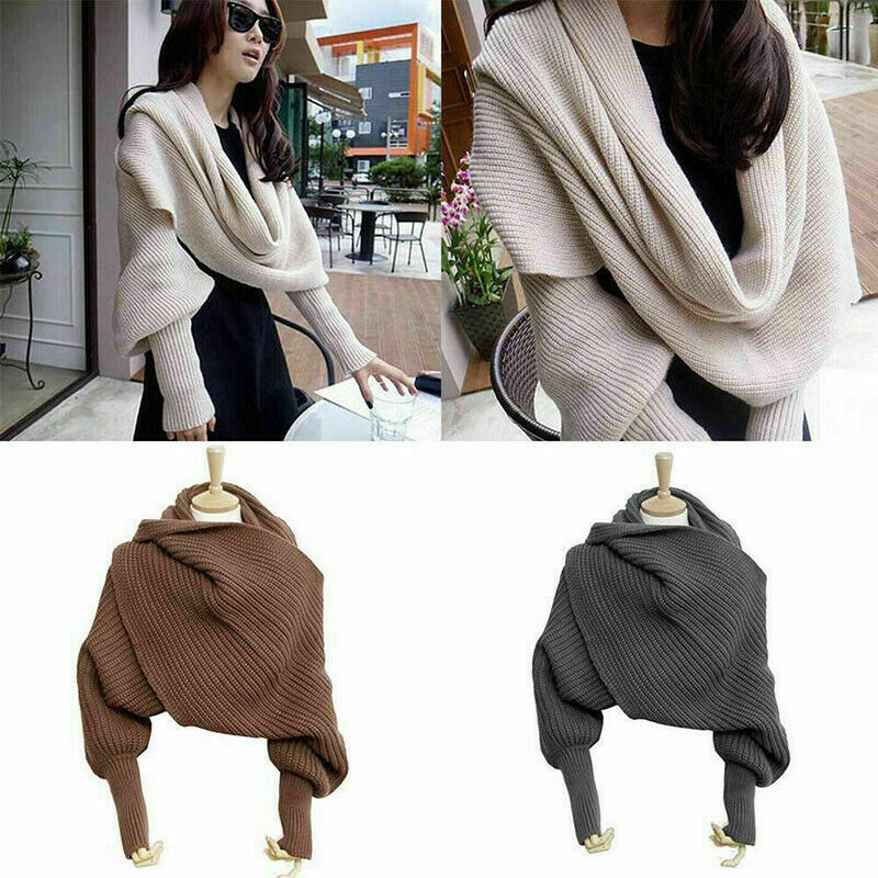 Casual Women Knit Scarf with Sleeves Winter Warm Wrap Shawl Female Solid Color Knitted Scarves 2020 Fashion Girls Newest Scarf